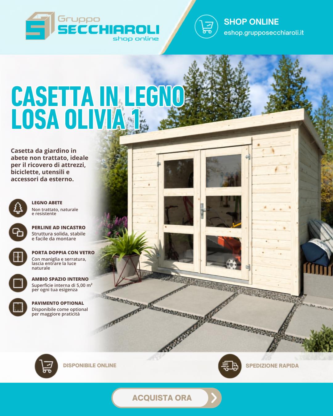 Tra le novità del nostro shop online arriva Losa Olivia 1, la casetta da giardino in abete non trattato pensata per chi vuole un esterno sempre in ordine senza rinunciare al calore del vero legno.

✅ Sistema a perline ad incastro per la massima stabilità
✅ Doppia porta con vetro per una luce naturale perfetta
✅ Ideale per bici, attrezzi e accessori

Per scoprire i dettagli: 
https://eshop.grupposecchiaroli.it/prodotto/casetta-in-legno-cm-280-x-184-sp-mm-19-losa-olivia-1/

𝗚𝗿𝘂𝗽𝗽𝗼 𝗦𝗲𝗰𝗰𝗵𝗶𝗮𝗿𝗼𝗹𝗶.
𝑫𝒂𝒍 1949 𝒂𝒍 𝒕𝒖𝒐 𝒔𝒆𝒓𝒗𝒊𝒛𝒊𝒐 𝒏𝒆𝒍𝒍'𝒆𝒅𝒊𝒍𝒊𝒛𝒊𝒂.
📧 info@grupposecchiaroli.it
.
#caseinlegno #legno #paglia #edilizia #bioedilizia #sostenibilità #efficienzaenergetica #madeinitaly
