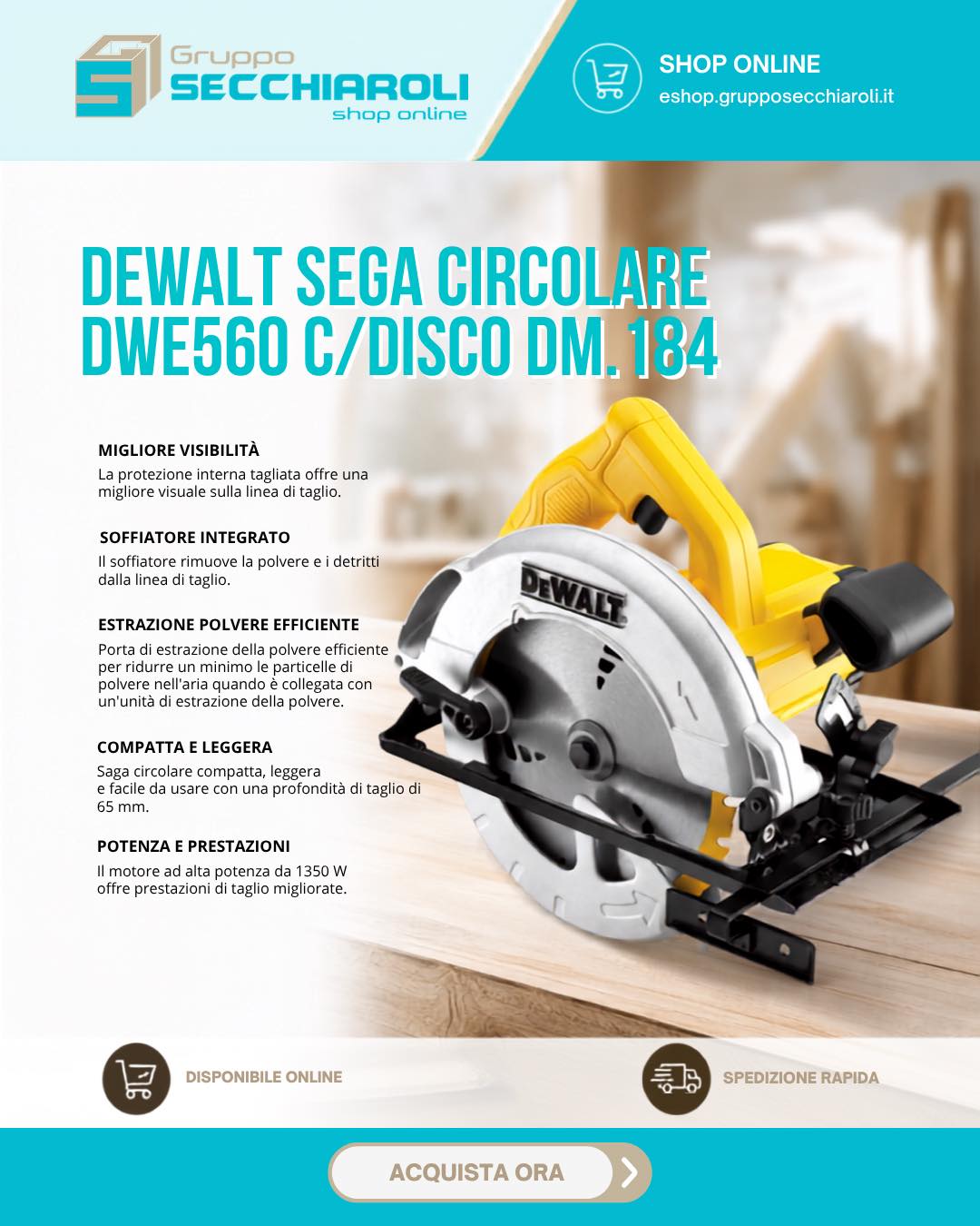 🚧 Taglia con precisione. Lavora con potenza. Scegli DEWALT.
La DEWALT DWE560 con disco Ø184 mm è la sega circolare progettata per offrire prestazioni elevate, precisione e massimo comfort durante ogni lavorazione.
✅ Motore ad alta potenza da 1350 W�✅ Profondità di taglio fino a 65 mm�✅ Compatibile con il sistema DEWALT AirLock per un'aspirazione semplice e sicura�✅ Soffiatore integrato per mantenere sempre visibile la linea di taglio�✅ Estrazione della polvere efficiente per un ambiente di lavoro più pulito�✅ Design compatto e leggero, ideale per un utilizzo pratico e confortevole
🔶 Affidati alla qualità DEWALT per ottenere tagli precisi e professionali in ogni progetto.
🛒 Acquistala ora sul nostro e-commerce!
https://eshop.grupposecchiaroli.it/elettroutensili/seghe-per-taglio-legno/dewalt-sega-circolare-dwe560-c-disco-dm.184/
𝗚𝗿𝘂𝗽𝗽𝗼 𝗦𝗲𝗰𝗰𝗵𝗶𝗮𝗿𝗼𝗹𝗶.
𝑫𝒂𝒍 1949 𝒂𝒍 𝒕𝒖𝒐 𝒔𝒆𝒓𝒗𝒊𝒛𝒊𝒐 𝒏𝒆𝒍𝒍'𝒆𝒅𝒊𝒍𝒊𝒛𝒊𝒂.
📧 info@grupposecchiaroli.it
.
#caseinlegno #legno #paglia #edilizia #bioedilizia #sostenibilità #efficienzaenergetica #madeinitaly