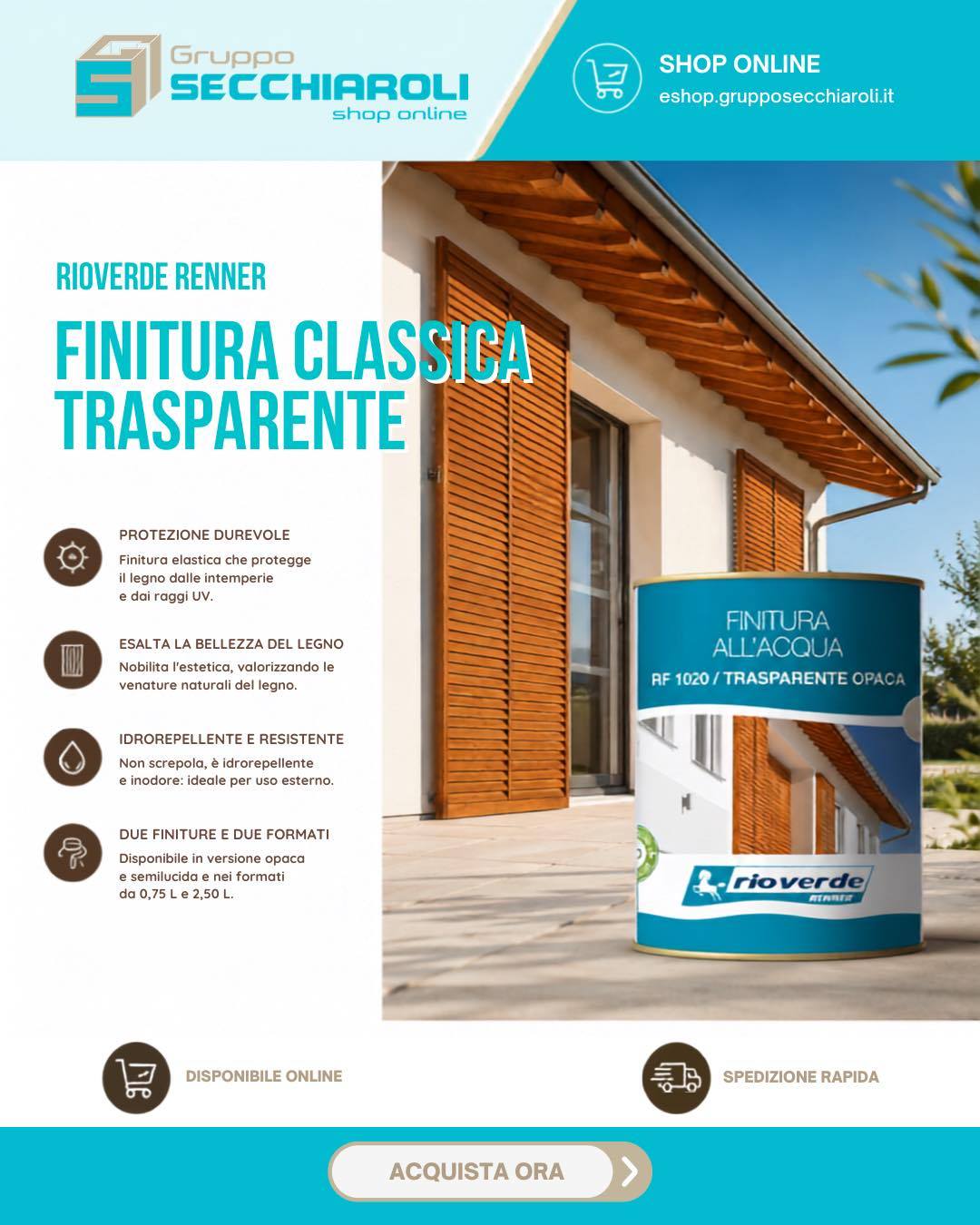 Proteggi la bellezza naturale del tuo legno, per sempre. 🪵✨

Il legno all'esterno soffre a causa di sole, pioggia e umidità... ma la soluzione c'è.
La Finitura Classica Trasparente Rio Verde Renner è lo scudo definitivo per i tuoi arredi e strutture in legno!

Perché sceglierla per i tuoi progetti?
🛡️ Super resistente: Protezione avanzata contro raggi UV e intemperie.
💧 Idrorepellente ed elastica: Non screpola nel tempo e segue i naturali movimenti del legno.
🌿 Comfort totale: È completamente inodore, perfetta da applicare in totale serenità.
✨ Resa estetica: Nobilita le venature del legno valorizzandone la naturale bellezza.

Scegli il finish perfetto per il tuo stile:
👉 Opaca o Semilucida

⚠️ Consiglio dell'esperto: Se hai applicato un impregnante bianco, utilizza la Finitura Cerosa RC2030 per un risultato incolore impeccabile!

🛒 Clicca qui per acquistarla subito con spedizione rapida!

https://eshop.grupposecchiaroli.it/vernici-e-detergenti/vernici-smalti-impregnanti/rioverde-renner-finitura-classica-trasparente-opaca-lt.-0-75-prova/

𝗚𝗿𝘂𝗽𝗽𝗼 𝗦𝗲𝗰𝗰𝗵𝗶𝗮𝗿𝗼𝗹𝗶.
𝑫𝒂𝒍 1949 𝒂𝒍 𝒕𝒖𝒐 𝒔𝒆𝒓𝒗𝒊𝒛𝒊𝒐 𝒏𝒆𝒍𝒍'𝒆𝒅𝒊𝒍𝒊𝒛𝒊𝒂.
📧 info@grupposecchiaroli.it
.
#caseinlegno #legno #paglia #edilizia #bioedilizia #sostenibilità #efficienzaenergetica #madeinitaly