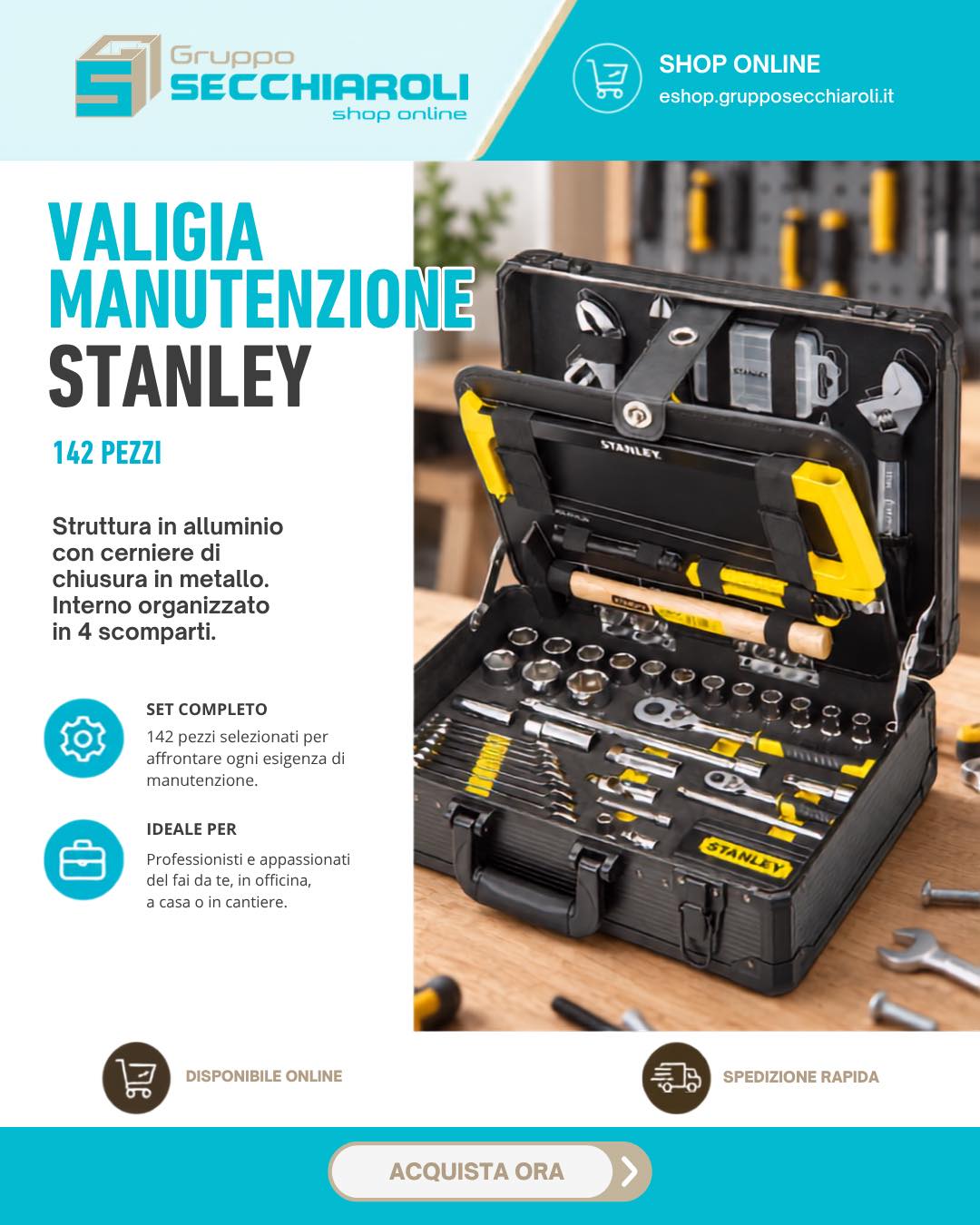 Tutto ciò di cui hai bisogno, sempre a portata di mano. 🛠️

Se cerchi la massima affidabilità per il fai da te, la riparazione e il lavoro professionale, la Valigia Manutenzione Stanley da 142 pezzi è la soluzione definitiva.

Dimenticati degli attrezzi sparsi o introvabili: robusta struttura in alluminio, cerniere in metallo rinforzate e un interno perfettamente organizzato in 4 scomparti dedicati per trovare subito quello che ti serve.

✨ Perché sceglierla:
🔸Qualità Stanley: Strumenti robusti, ergonomici e fatti per durare nel tempo.
🔸Set completo (142 pz): Pinze, giraviti, chiavi a bussola, cricchetti, livella, martello, cutter e molto altro.
🔸Pratica e ordinata

Scopri di più qui: https://eshop.grupposecchiaroli.it/attrezzatura-edile/giraviti/valigia-manutenzione-stanley-142-pezzi/

𝗚𝗿𝘂𝗽𝗽𝗼 𝗦𝗲𝗰𝗰𝗵𝗶𝗮𝗿𝗼𝗹𝗶.
𝑫𝒂𝒍 1949 𝒂𝒍 𝒕𝒖𝒐 𝒔𝒆𝒓𝒗𝒊𝒛𝒊𝒐 𝒏𝒆𝒍𝒍'𝒆𝒅𝒊𝒍𝒊𝒛𝒊𝒂.
📧 info@grupposecchiaroli.it

#grupposecchiaroli #edilizia #bioedilizia #sostenibilità
