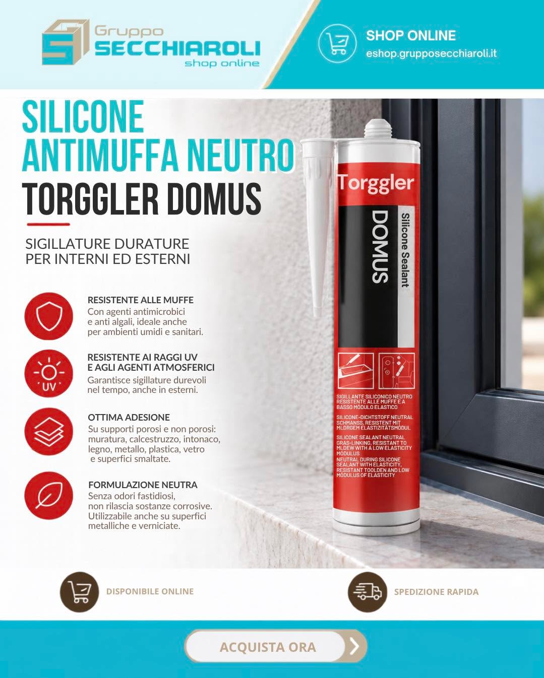 Problema con muffa o infiltrazioni? Risolvi alla radice con il silicone giusto. 🛠️

Il Silicone Neutro Antimuffa Torggler Domus (Bianco) è la risposta professionale per chi cerca una tenuta perfetta che dura nel tempo:

✅ Protetto da muffe e alghe: ideale per ambienti sanitari e ad alta umidità.
✅ Adesione universale: incolla perfettamente sia su materiali porosi che non porosi
✅ Resistente a UV e intemperie
✅ Formula neutra: non corrode le superfici metalliche/verniciate e non emette odori sgradevoli durante l'uso.

Ordina subito sul nostro shop:
https://eshop.grupposecchiaroli.it/prodotto/silicone-antimuffa-neutro-torggler-domus-ml-310-bianco-9010/

𝗚𝗿𝘂𝗽𝗽𝗼 𝗦𝗲𝗰𝗰𝗵𝗶𝗮𝗿𝗼𝗹𝗶.
𝑫𝒂𝒍 1949 𝒂𝒍 𝒕𝒖𝒐 𝒔𝒆𝒓𝒗𝒊𝒛𝒊𝒐 𝒏𝒆𝒍𝒍'𝒆𝒅𝒊𝒍𝒊𝒛𝒊𝒂.
📧 info@grupposecchiaroli.it

#caseinlegno #bioedilizia #sostenibilità #efficienzaenergetica